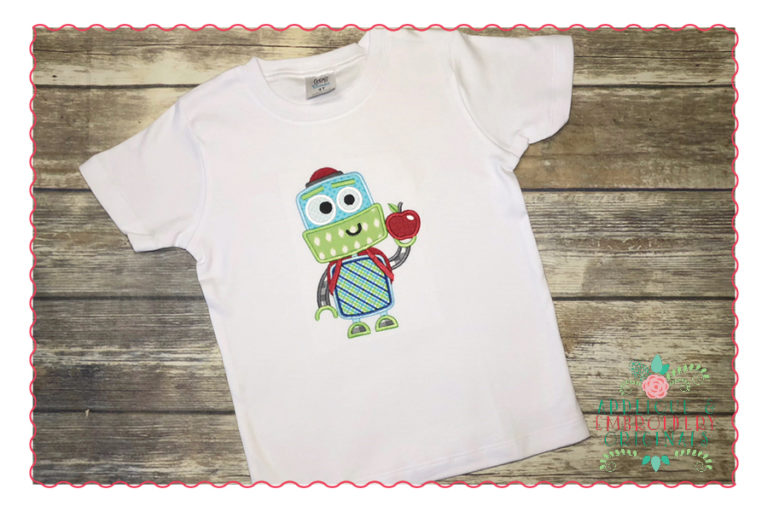 414 Robot with Apple and Backpack Applique Design - Image 2