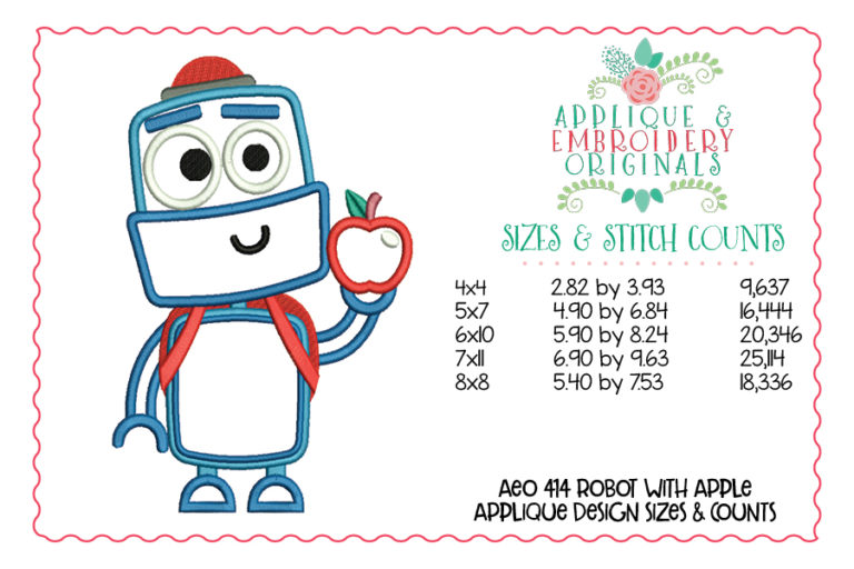 414 Robot with Apple and Backpack Applique Design - Image 3