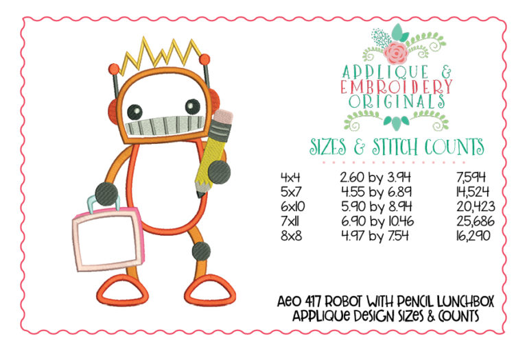 417 Robot with Pencil Lunchbox Applique Design - Image 3