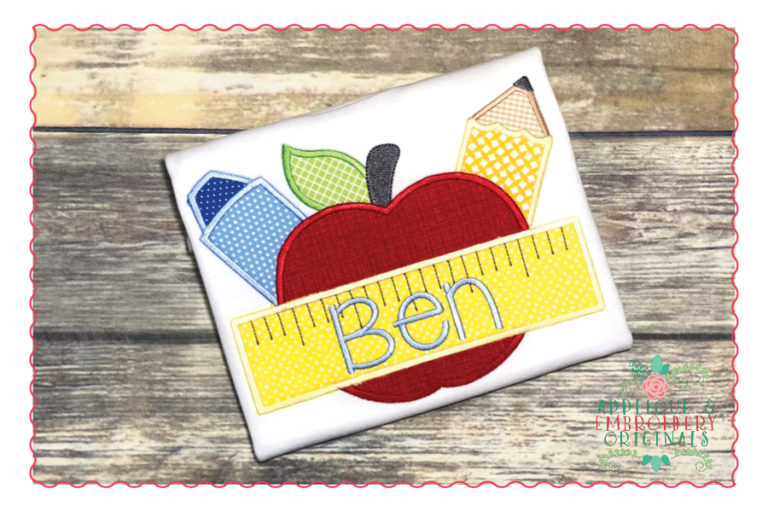 428 Apple with School Supplies Applique Design