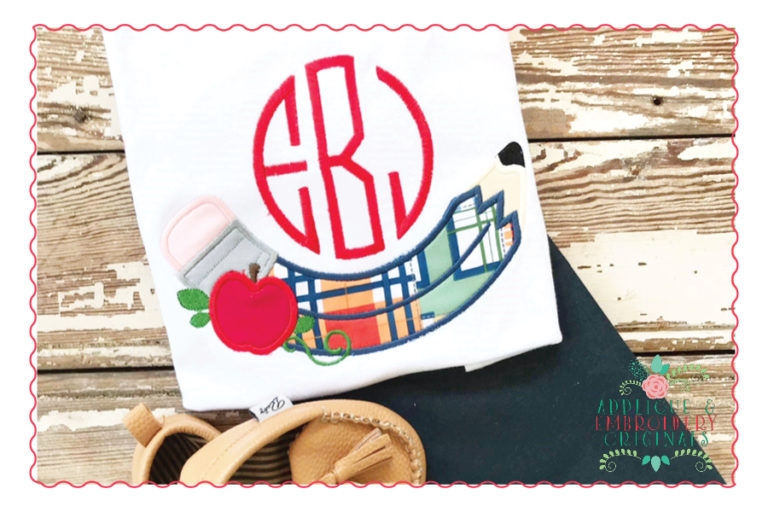 451 Curved Pencil and Apple Applique Design