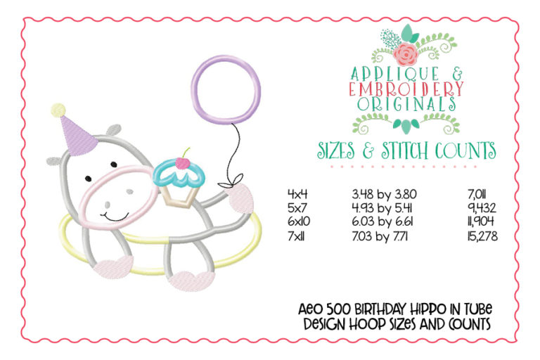 500 Birthday Hippo in Tube Cupcake Applique Design - Image 2