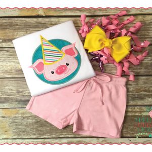 503 Birthday Pig Hat Circle Patch Applique Design