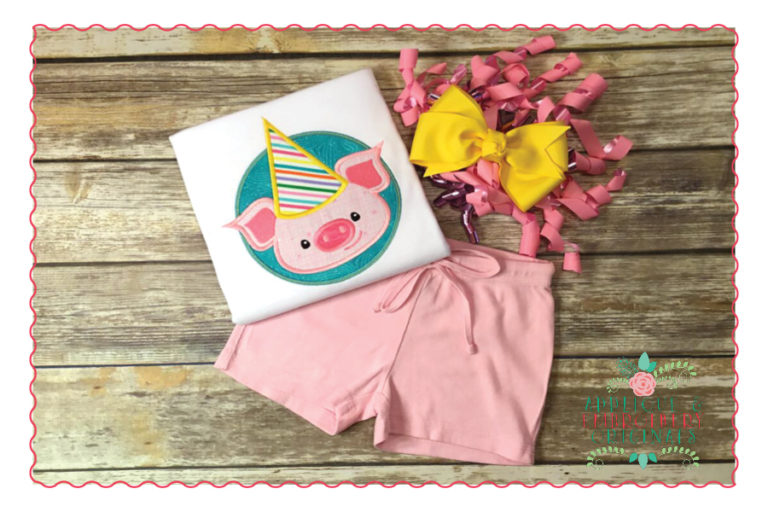 503 Birthday Pig Hat Circle Patch Applique Design
