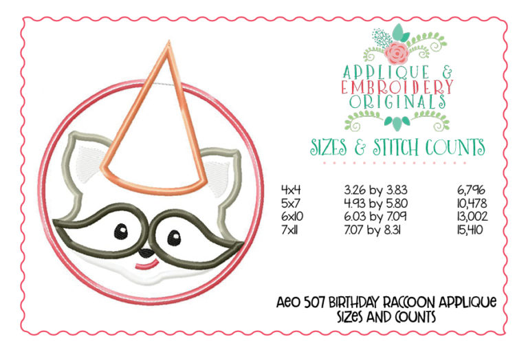 507 Birthday Raccoon Patch with Hat Applique Design - Image 4