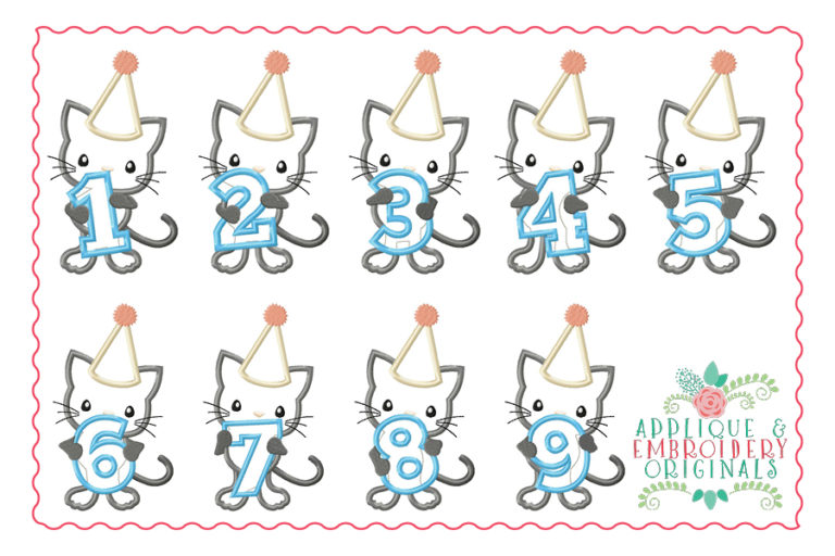 516 Birthday Kitty Cat Number 1-9 Birthday Number Applique Design - Image 2