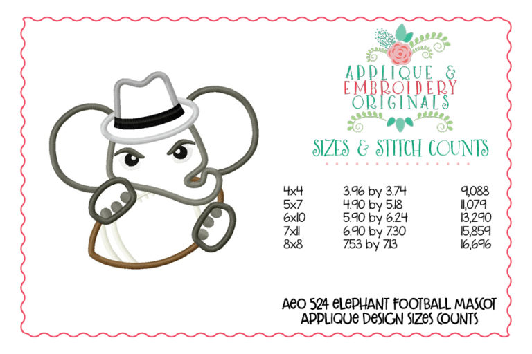 524 Elephant Fedora Football Mascot Applique Design - Image 3