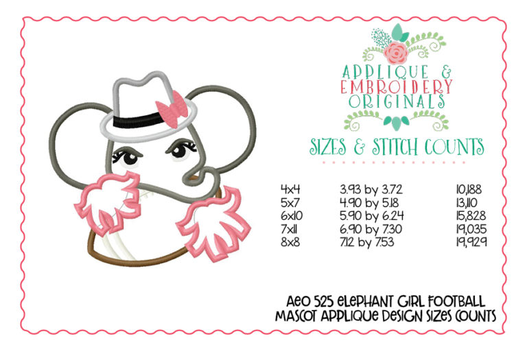 525 Elephant Girl Pom Football Mascot Applique Design - Image 3