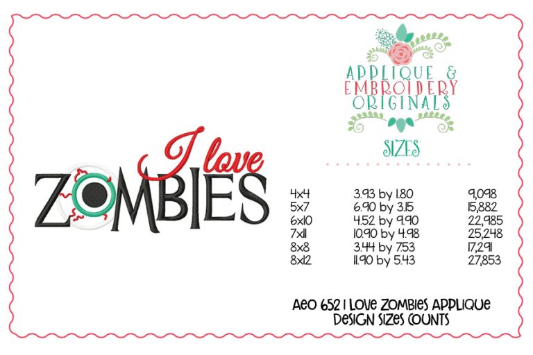 652 I Love Zombies Applique Design - Image 2