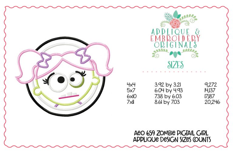 659 Zombie Girl Pigtail Circle Patch Applique Design - Image 2