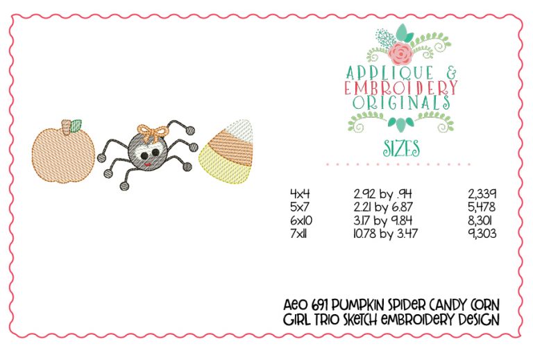 691 Pumpkin Spider Bow Girl Candy Corn Trio Sketch Embroidery - Image 3