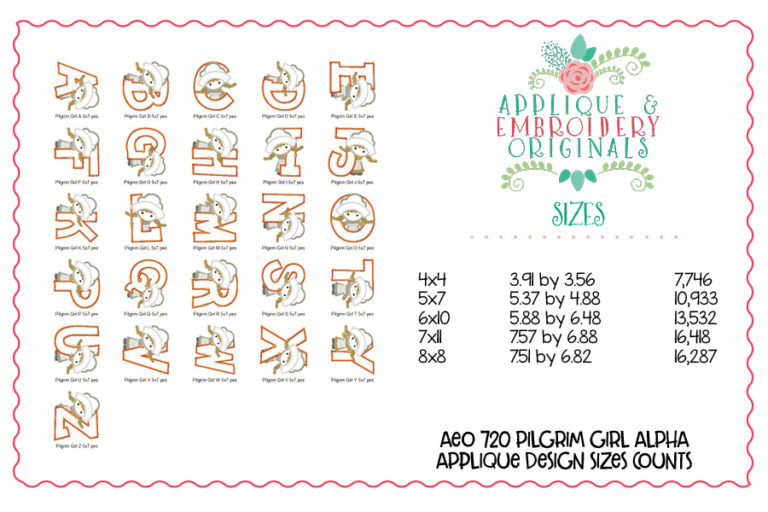 720 Pilgrim Quaker Girl Alpha Font Applique Design - Image 8