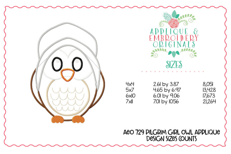 729 Girl Pilgrim Owl Applique Design - Image 3