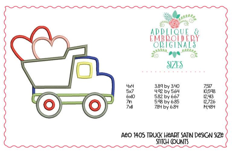 1405 Truck Hearts Satin Stitch Applique Design - Image 3