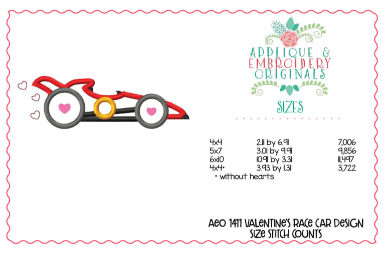1411 Valentine's Race Car Applique Design - Image 3
