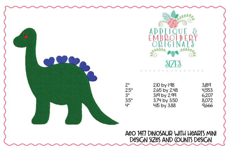 1417 Dinosaur with Hearts Mini Embroidery Design - Image 4