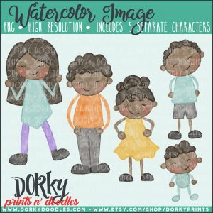Family Characters Watercolor Printable Art - Black Hair Family Alternates