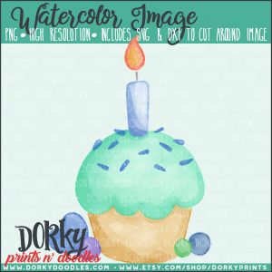 Cupcake with Blue Candle Watercolor Printable Art