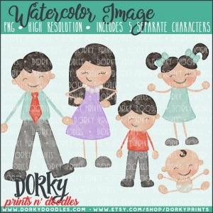 Family Characters Watercolor Printable Art - Dark Hair Family