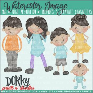 Family Characters Watercolor Printable Art - Dark Hair Family Alternates