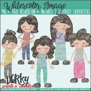 Family Characters Watercolor Printable Art - Dark Hair Women