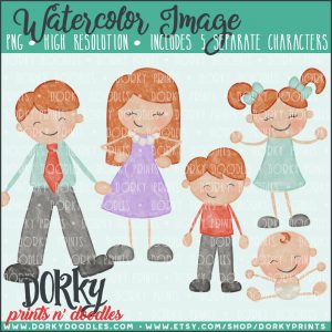Family Characters Watercolor Printable Art - Red Hair Women