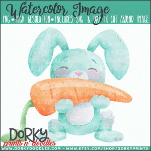 Blue Bunny with Giant Carrot Watercolor Printable Art