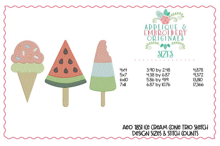 1851 Ice Cream Cone Trio Sketch Embroidery Design - Image 2