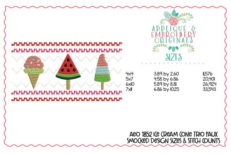 1852 Ice Cream Cone Trio Faux Smocked Embroidery Design - Image 2