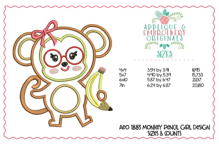 1883 Monkey Pencil Girl Applique Design - Image 3