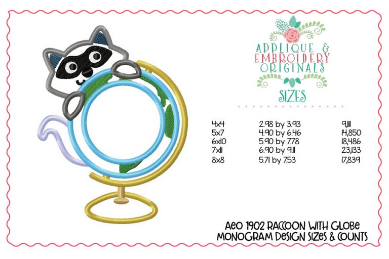 1902 Raccoon with Globe Monogram Frame Applique Design - Image 2
