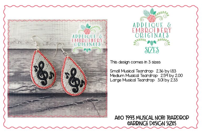 1993 Musical Notes Teardrop Earrings In-The-Hoop Design - Image 2