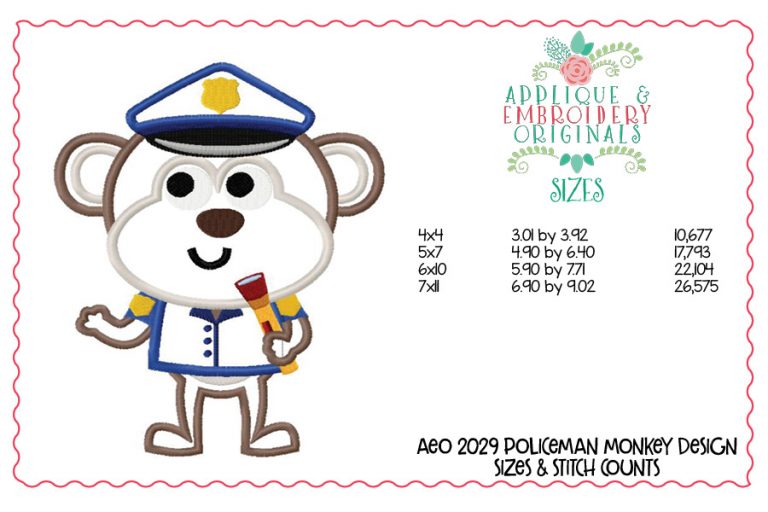 2029 Policeman Monkey Applique Design - Image 2