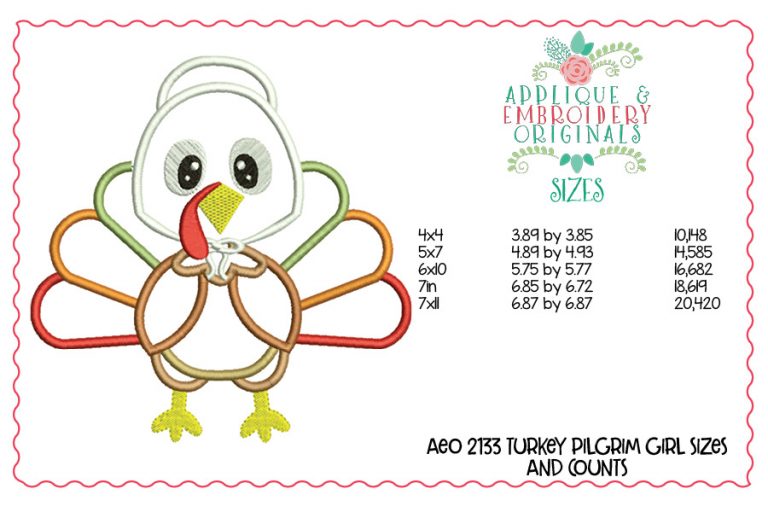 2133 Turkey Pilgrim Girl Applique Design - Image 3