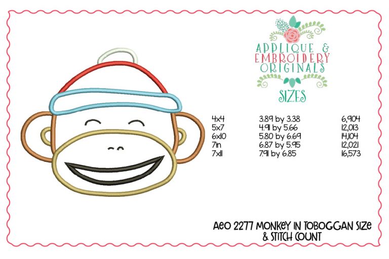 2277 Monkey in Toboggan Applique Design - Image 3