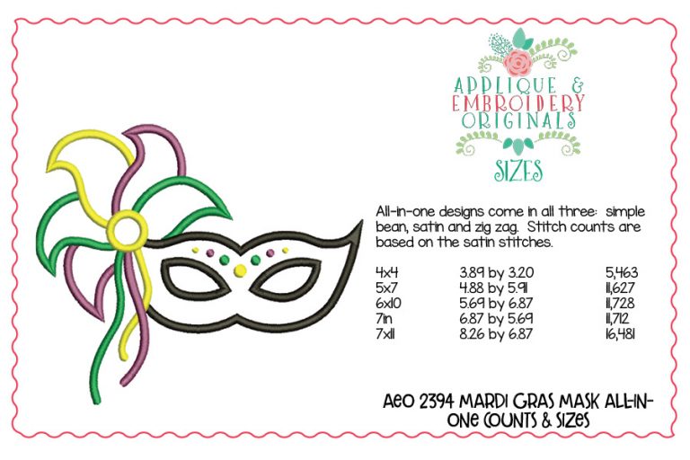 2394 Mardi Gras Mask with Feather All-In-One Applique Design - Image 4