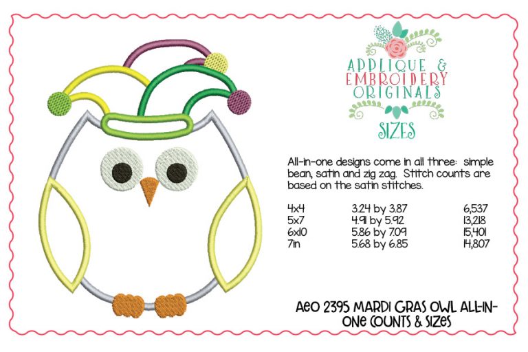 2395 Mardi Gras Owl All-In-One Applique Design - Image 5
