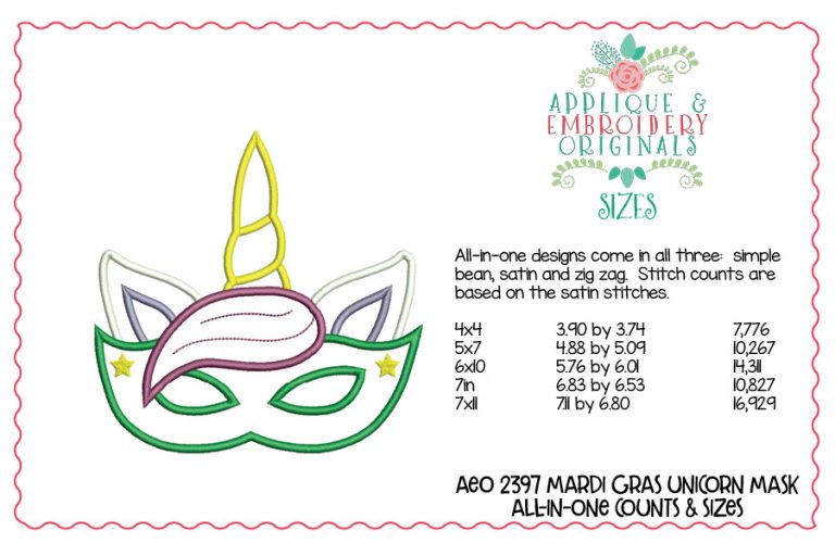 2397 Mardi Gras Unicorn Mask All-In-One Applique Design - Image 5