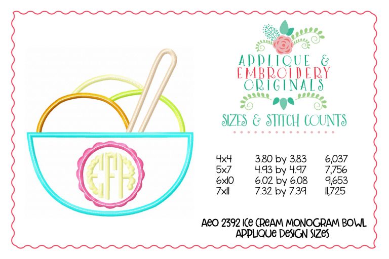 2392 Ice Cream Monogram Bowl Applique Design - Image 2