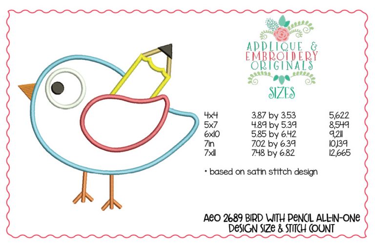 2689 Bird with Pencil All-In-One Applique Design - Image 5