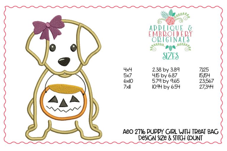 2716 Puppy Girl with Treat Bag Applique Design - Image 2