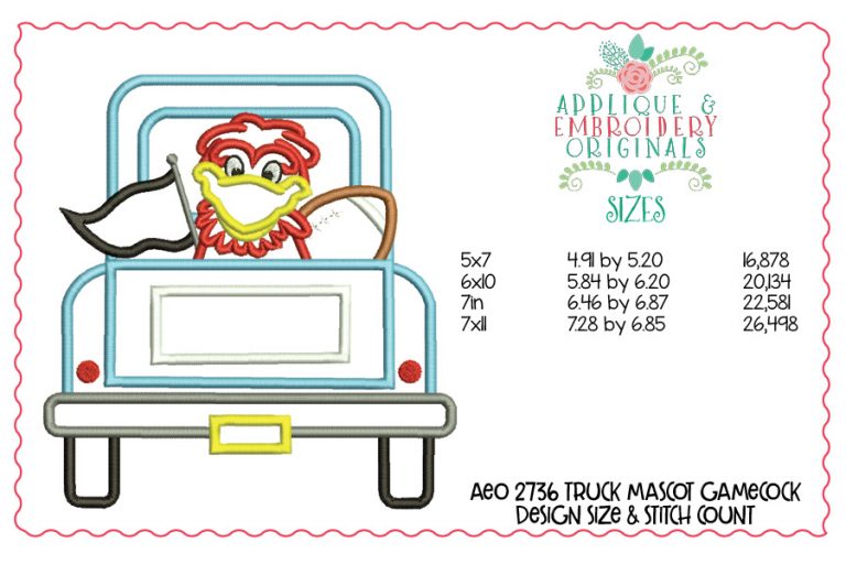 2836 Truck Mascot Gamecock Applique Design - Image 2