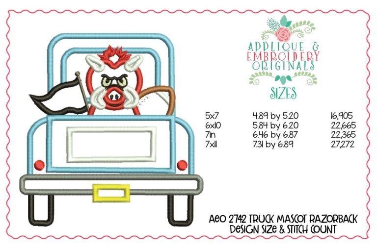 2843 Truck Mascot Razorback Applique Design - Image 2