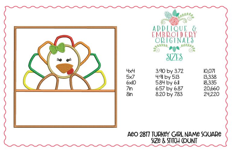 2817 Turkey Girl Name Square Applique Design - Image 2