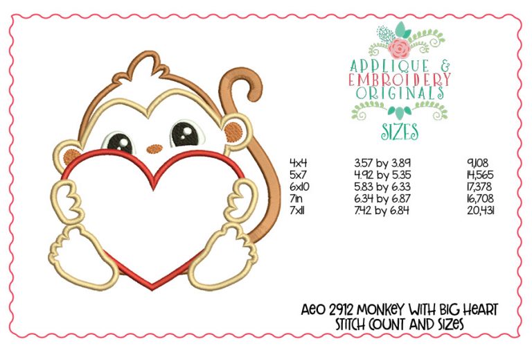 2912 Monkey with Big Heart Applique Design - Image 3