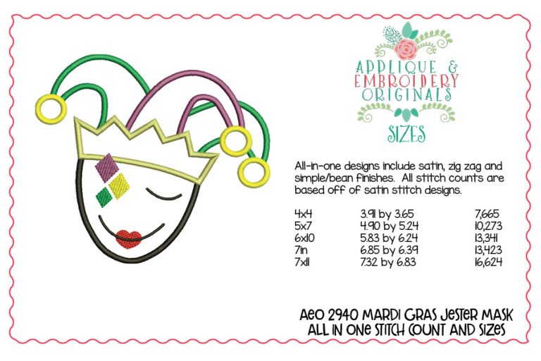 2940 Mardi Gras Jester Mask Applique Design - Image 4