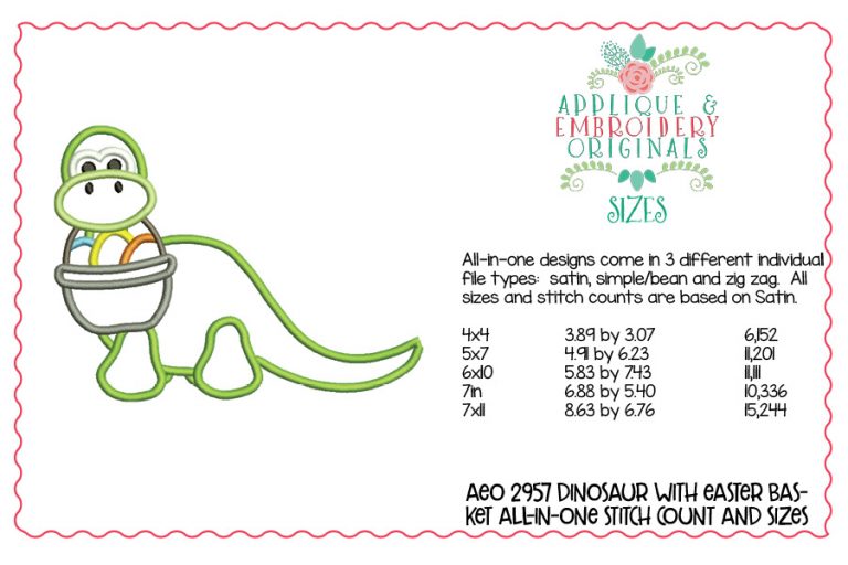 2957 Dinosaur with Easter Basket All-In-One Applique Design - Image 2