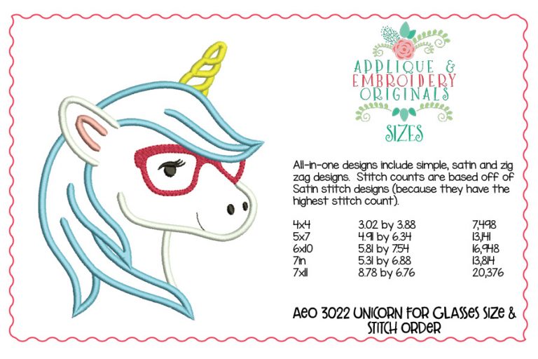 3022 Unicorn with Glasses All-In-One Applique Design - Image 3