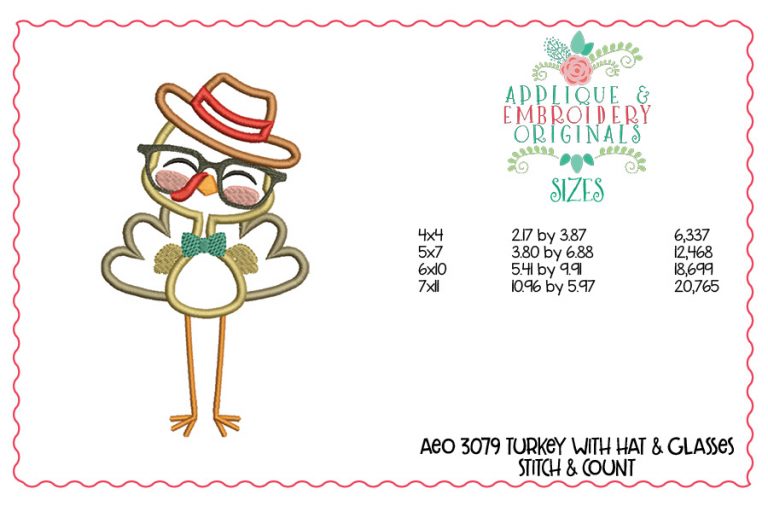 3079 Turkey with Hat & Glasses Applique Design - Image 2
