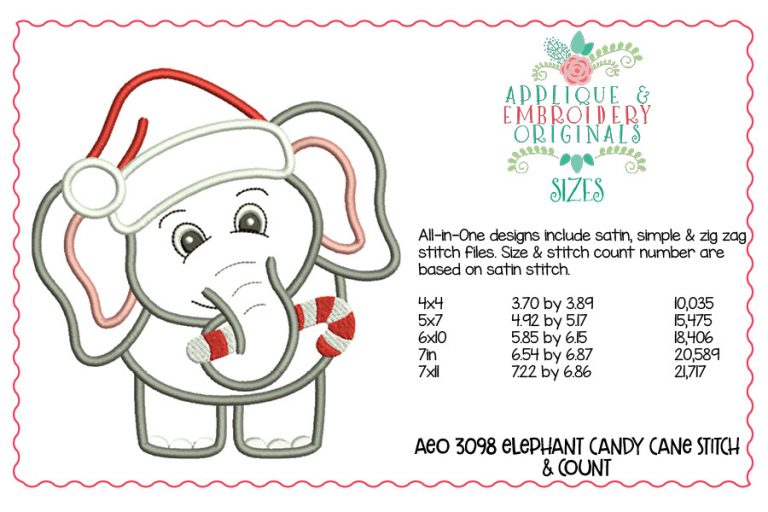 3098 Elephant Candy Cane All-In-One Applique Design - Image 3